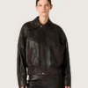 Blouson aviateur pour femme en cuir nappa bordeaux foncé avec broderies florales