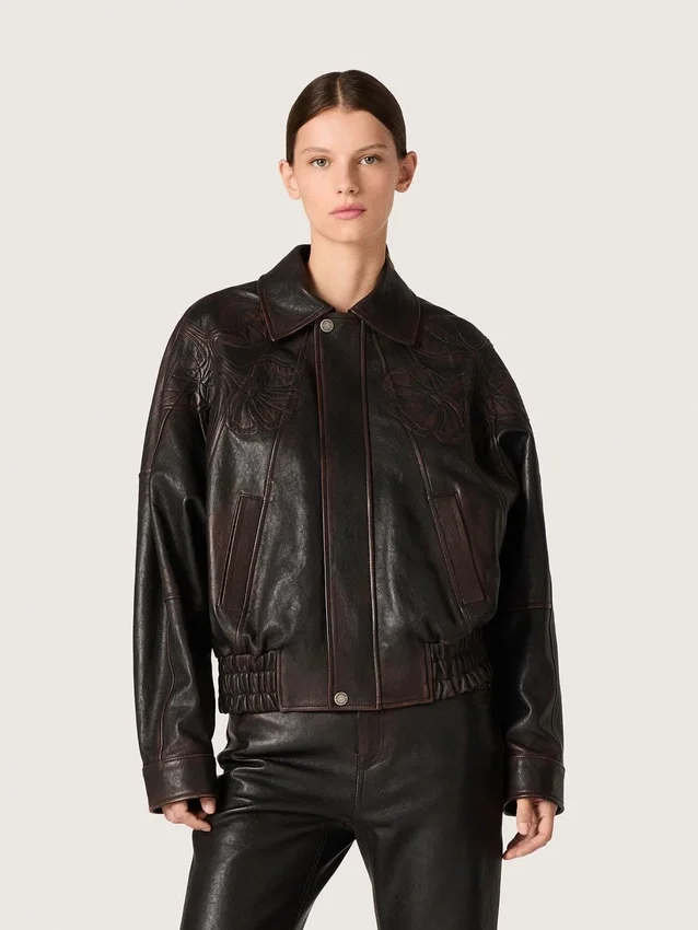Blouson aviateur pour femme en cuir nappa bordeaux foncé avec broderies florales