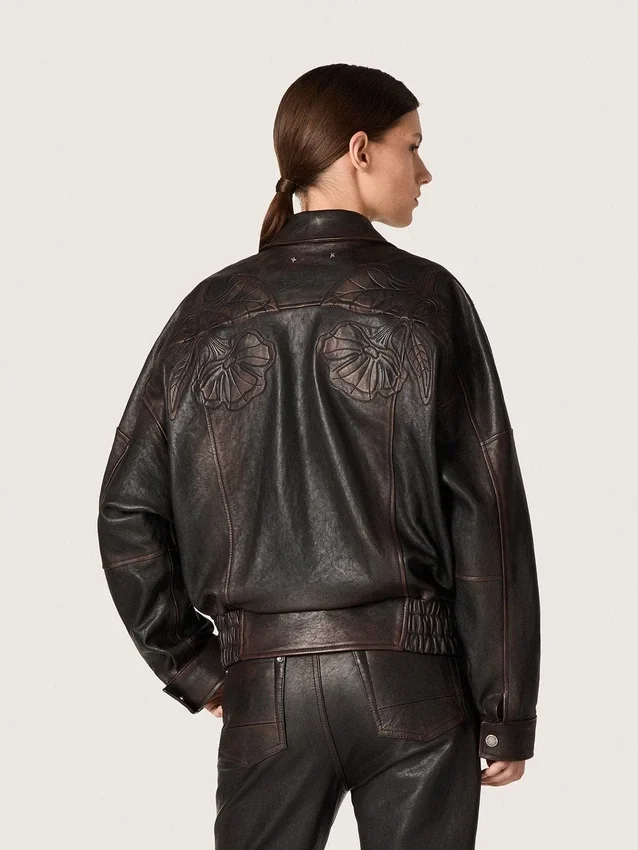 Blouson aviateur pour femme en cuir nappa bordeaux foncé avec broderies florales