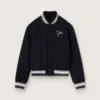 Blouson aviateur pour femme en laine bleu foncé avec des détails blancs