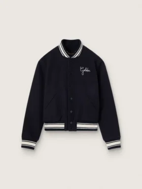 Blouson aviateur pour femme en laine bleu foncé avec des détails blancs