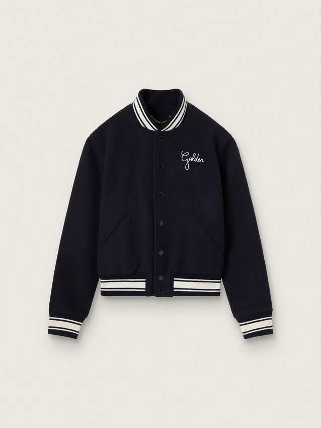 Blouson aviateur pour femme en laine bleu foncé avec des détails blancs