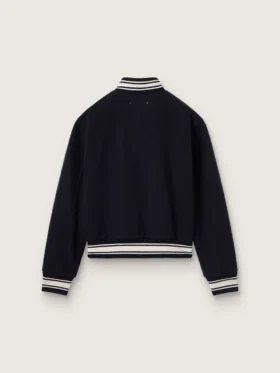 Blouson aviateur pour femme en laine bleu foncé avec des détails blancs