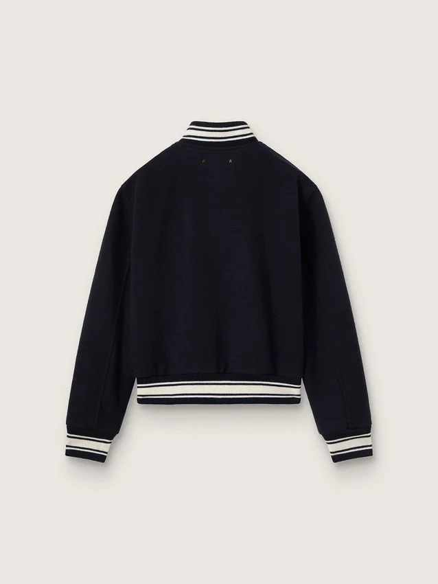 Blouson aviateur pour femme en laine bleu foncé avec des détails blancs