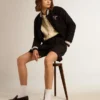 Blouson aviateur pour femme en laine bleu foncé avec des détails blancs