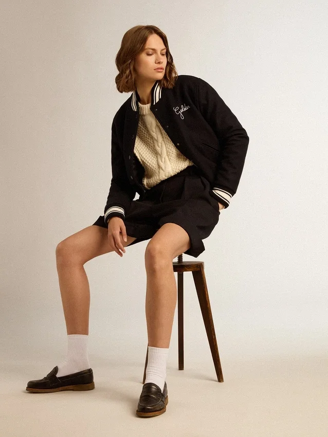 Blouson aviateur pour femme en laine bleu foncé avec des détails blancs