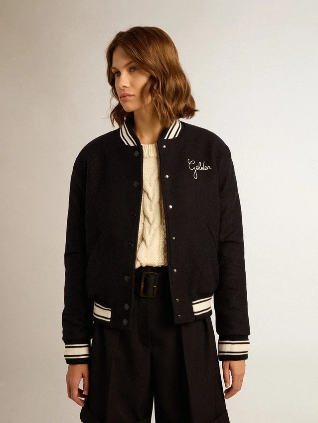 Blouson aviateur pour femme en laine bleu foncé avec des détails blancs