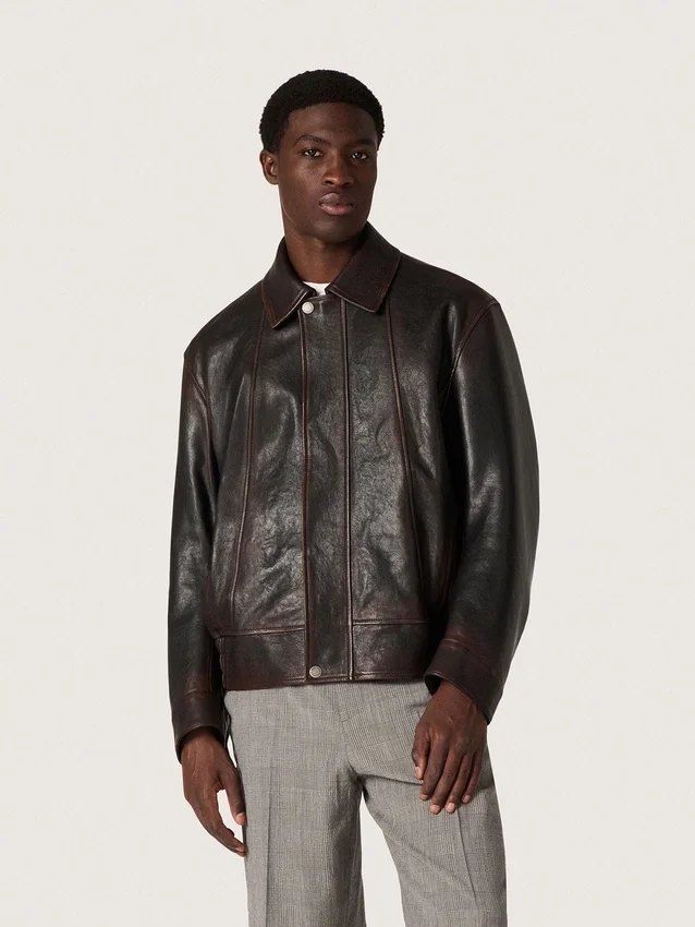 Blouson aviateur pour homme en cuir nappa bordeaux