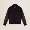 Blouson aviateur pour homme en laine bleu foncé avec manches en cuir