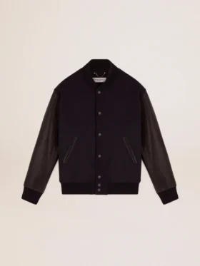 Blouson aviateur pour homme en laine bleu foncé avec manches en cuir