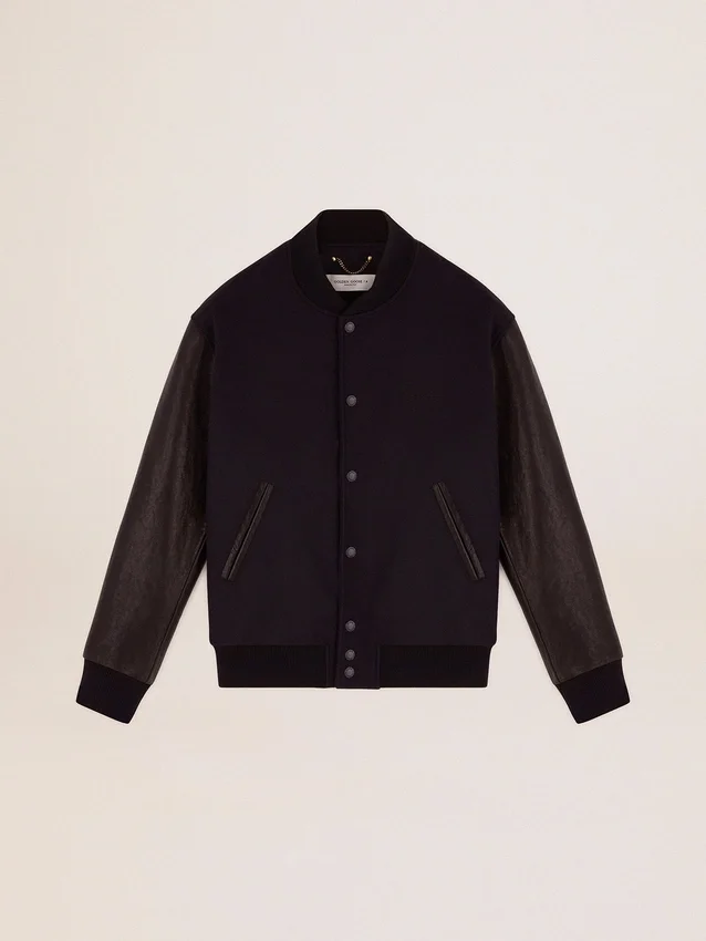 Blouson aviateur pour homme en laine bleu foncé avec manches en cuir