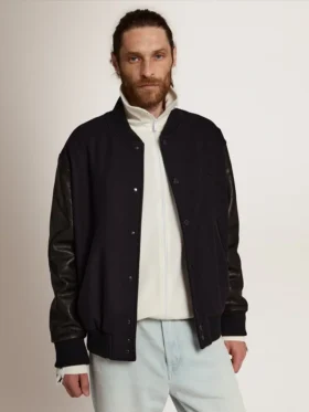 Blouson aviateur pour homme en laine bleu foncé avec manches en cuir