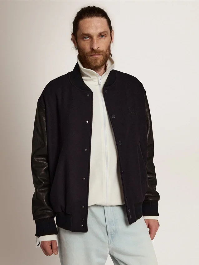 Blouson aviateur pour homme en laine bleu foncé avec manches en cuir