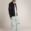 Blouson aviateur pour homme en laine bleu foncé avec manches en cuir