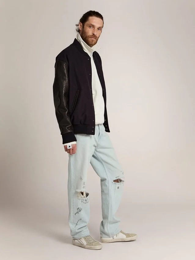 Blouson aviateur pour homme en laine bleu foncé avec manches en cuir