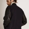 Blouson aviateur pour homme en laine bleu foncé avec manches en cuir