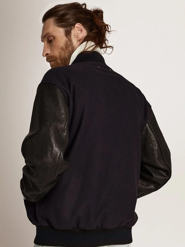 Blouson aviateur pour homme en laine bleu foncé avec manches en cuir