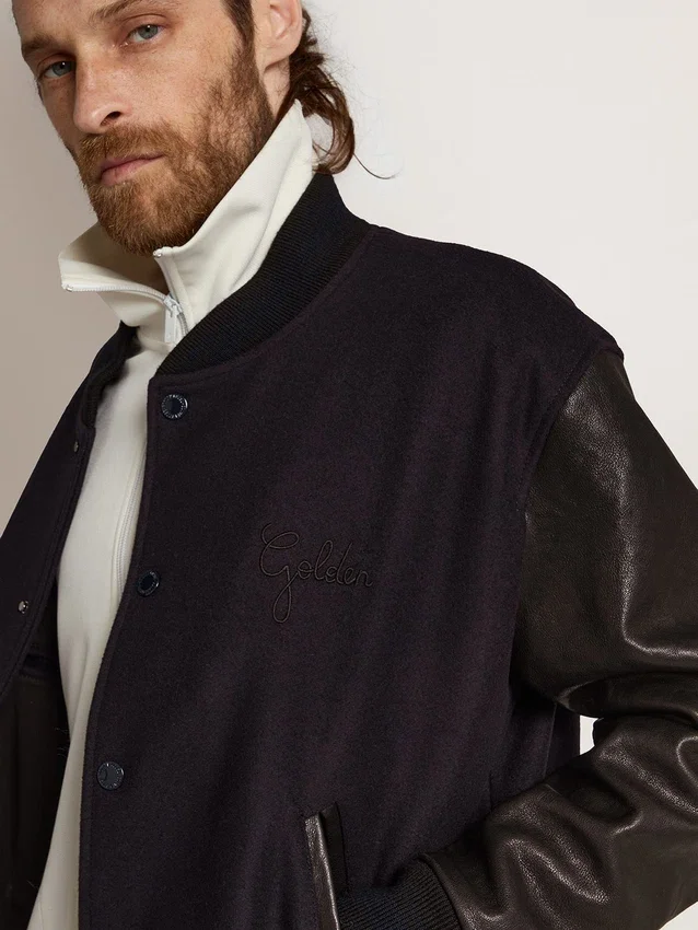 Blouson aviateur pour homme en laine bleu foncé avec manches en cuir