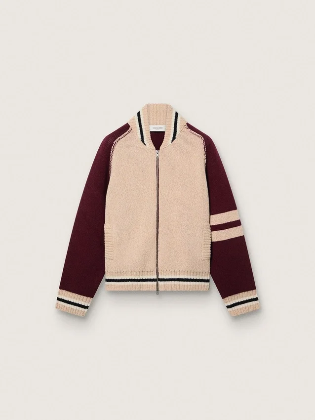 Blouson aviateur unisexe en maille jacquard blanche et bordeaux