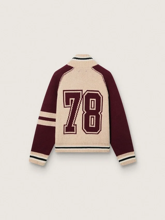 Blouson aviateur unisexe en maille jacquard blanche et bordeaux