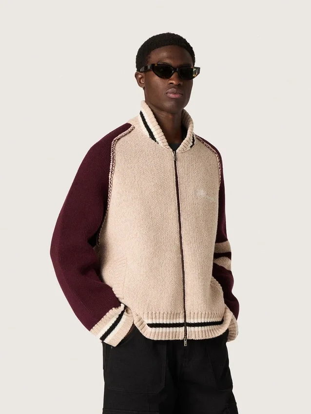 Blouson aviateur unisexe en maille jacquard blanche et bordeaux