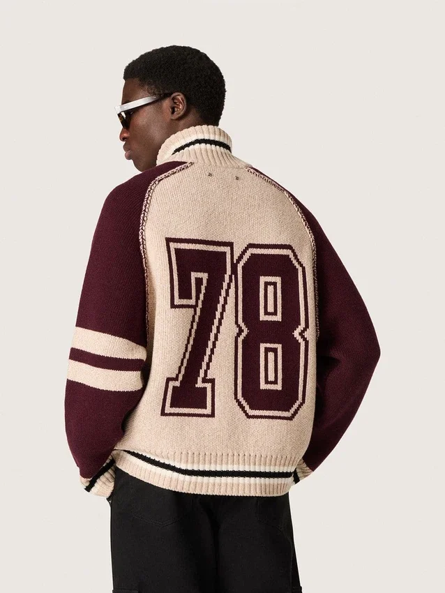 Blouson aviateur unisexe en maille jacquard blanche et bordeaux