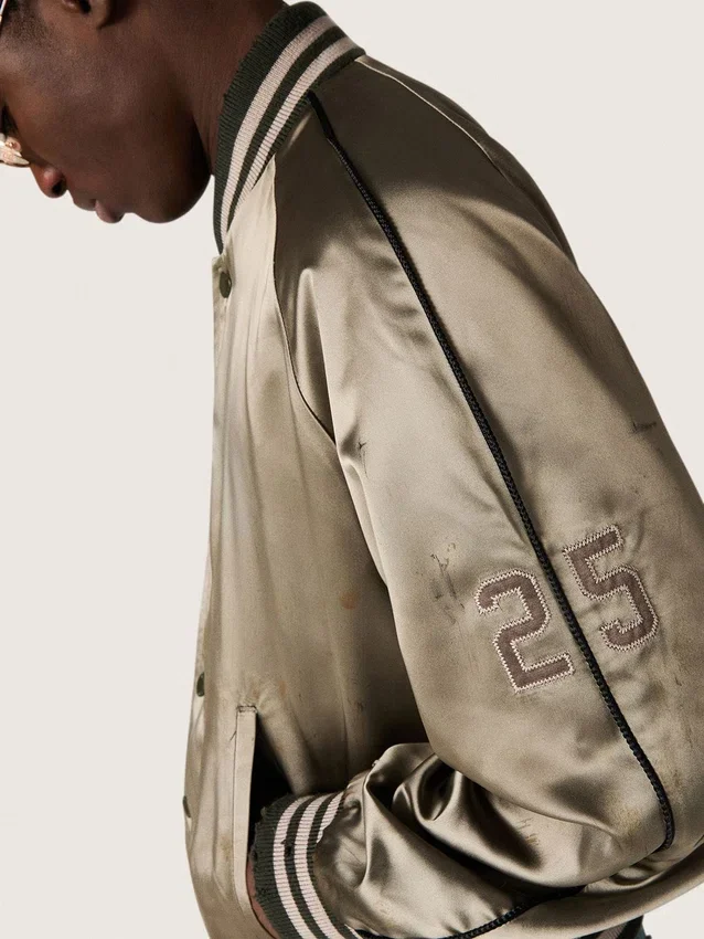 Blouson aviateur unisexe en satin vert avec ourlets et col côtelés