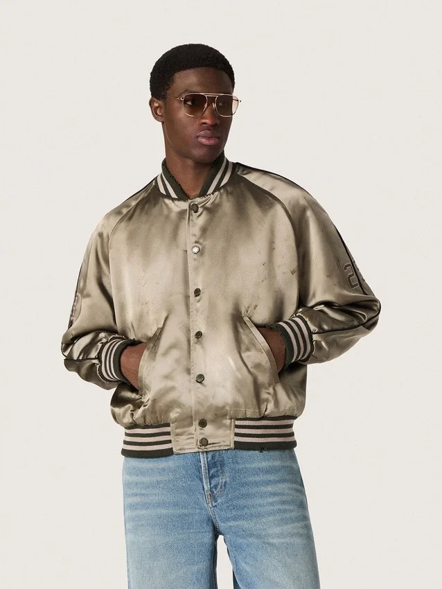 Blouson aviateur unisexe en satin vert avec ourlets et col côtelés