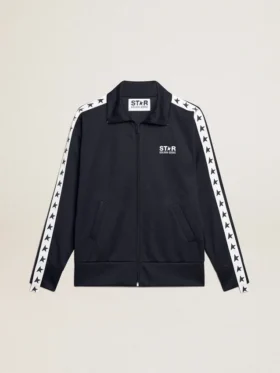 Blue-toned sweatshirt with zipper and white band and contrasting stars