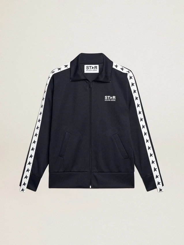 Blue-toned sweatshirt with zipper and white band and contrasting stars