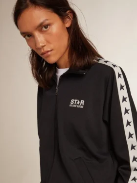 Blue-toned sweatshirt with zipper and white band and contrasting stars