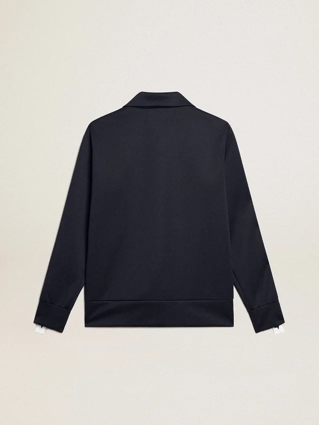 Blue-toned sweatshirt with zipper and white band and contrasting stars