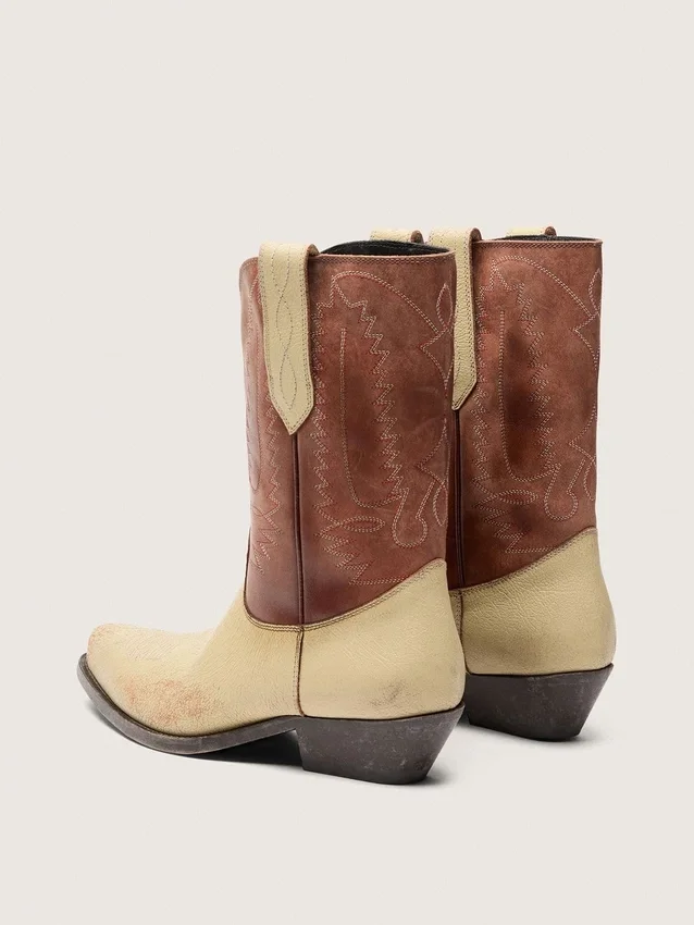 Bottes basses Wish Star pour femme en cuir beige et marron avec broderies