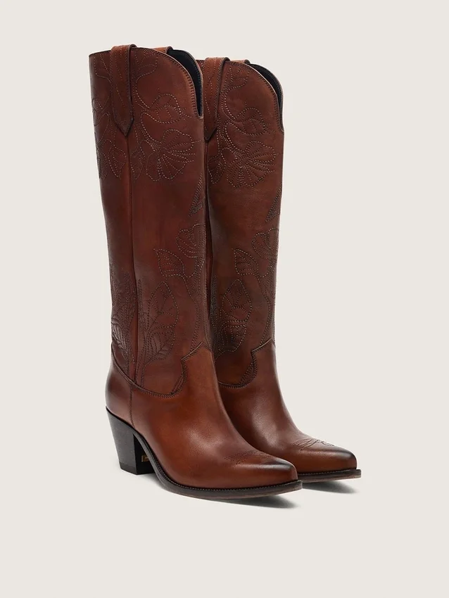 Bottes hautes Wish Star pour femme en cuir marron avec broderies florales