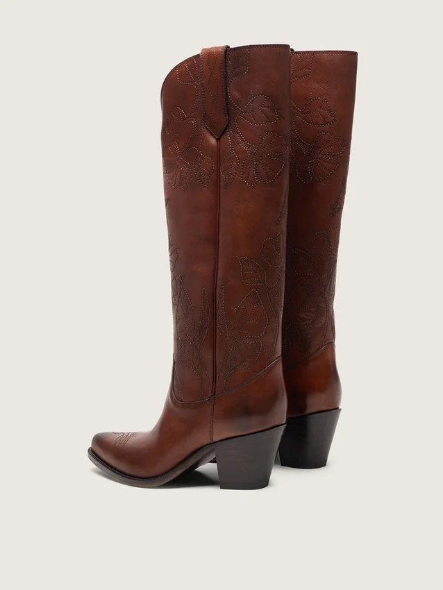 Bottes hautes Wish Star pour femme en cuir marron avec broderies florales