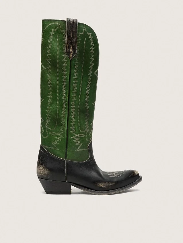 Bottes hautes Wish Star pour femme en cuir noir avec tige en cuir vert et broderies blanches