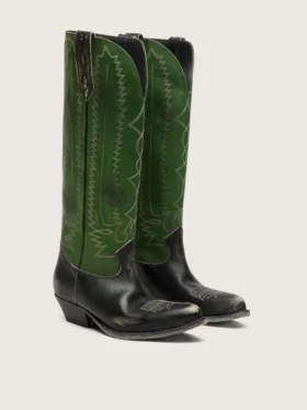 Bottes hautes Wish Star pour femme en cuir noir avec tige en cuir vert et broderies blanches