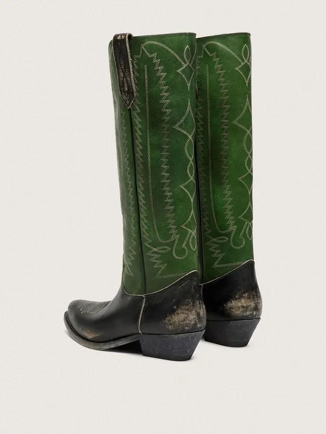 Bottes hautes Wish Star pour femme en cuir noir avec tige en cuir vert et broderies blanches
