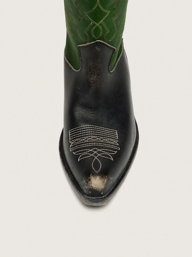 Bottes hautes Wish Star pour femme en cuir noir avec tige en cuir vert et broderies blanches