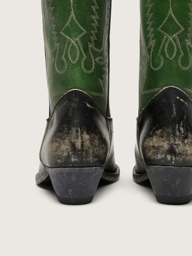 Bottes hautes Wish Star pour femme en cuir noir avec tige en cuir vert et broderies blanches