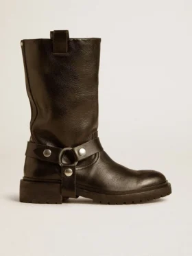 Bottes Kurt en cuir noir brillant avec boucle et clous argentés
