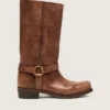 Bottes motardes hautes pour femme en cuir marron avec bride et boucle couleur or antique