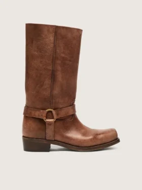 Bottes motardes hautes pour femme en cuir marron avec bride et boucle couleur or antique