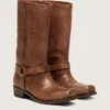 Bottes motardes hautes pour femme en cuir marron avec bride et boucle couleur or antique