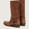 Bottes motardes hautes pour femme en cuir marron avec bride et boucle couleur or antique