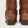 Bottes motardes hautes pour femme en cuir marron avec bride et boucle couleur or antique