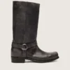 Bottes motardes hautes pour femme en cuir noir avec bride et boucle argentée