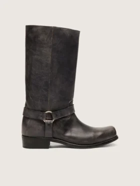 Bottes motardes hautes pour femme en cuir noir avec bride et boucle argentée