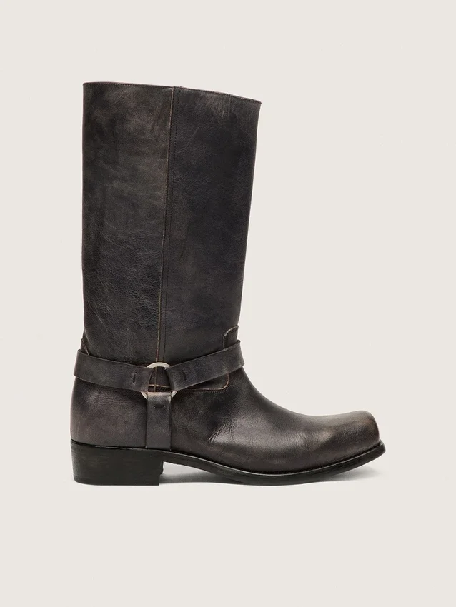 Bottes motardes hautes pour femme en cuir noir avec bride et boucle argentée