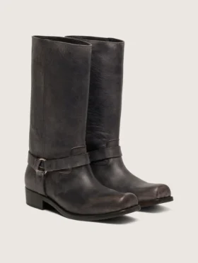 Bottes motardes hautes pour femme en cuir noir avec bride et boucle argentée